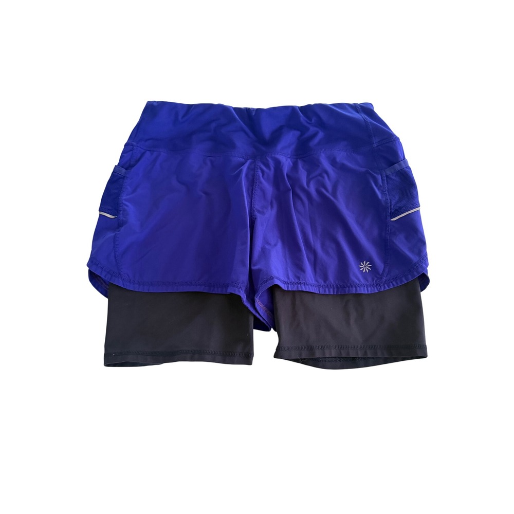 Athleta Womens 2-in-1 Running Shorts Blue Black Liner Mesh Pockets Size M